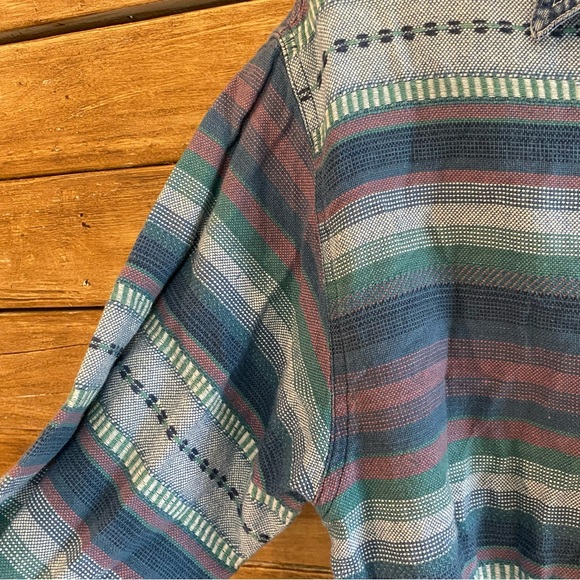 Lemon Grass stripe southwestern Aztec cotton sustainable button down shirt M - Picture 9 of 12